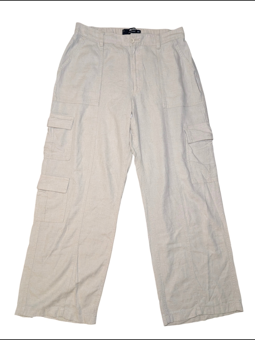 Hollister Women's L Ultra High Rise Baggy Cream Wide-Leg Cargo Pants Linen Blend